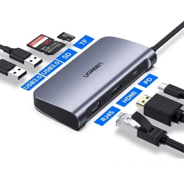 [ Ugreen 50852 ] 20CM màu xám Hub type c 7 trong 1 docking Ethernet + 4K HDMI + 2 x USB 3.0 + đọc thẻ Micro SD + 100W sạ