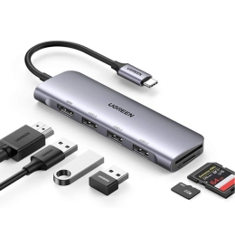 [ Ugreen 70410 ] 15CM bộ chuyển đổi USB Type-C sang HDMI + TF/SD + 3 cổng USB 3.0 màu bạc không hỗ trợ PD CM195 20070410